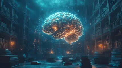 surreal education concept glowing brain interconnected with gears floating books binary code streams holographic displays futuristic classroom setting cool blue tones