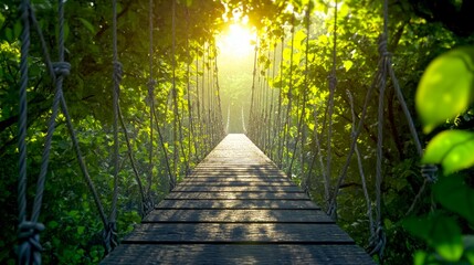 Poster - A serene wooden bridge surrounded by vibrant greenery and soft sunlight. The path invites adventure, perfect for nature lovers. This image evokes peace and exploration. AI