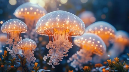 surreal underwater meadow with bioluminescent flora ethereal jellyfish floating among alien flowers dreamy color palette