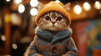 Wall Mural - A cute cat wearing a knitted sweater and hat, posing in a cozy, well-lit environment.