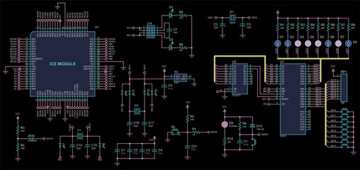 Wall Mural - Vector electrical schematic diagram of digital
electronic device with led indicators and integrated circuit, operating under 
the control of microcontroller. Technical engineering drawing.