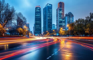 Abstract image of blurry cars on a city street at night