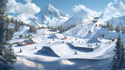 A panoramic view of a ski resort with multiple ski runs, skiers, and snow-covered chalets, set against a dramatic mountain range