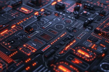 Wall Mural - futuristic interface is showing complex data analysis in orange and black