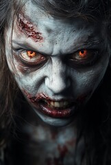 Wall Mural - A woman with red eyes and a bloody face. The woman is wearing a white shirt and has a mouth full of teeth. The image has a creepy and scary mood