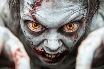 Wall Mural - A woman with red eyes and a bloody face. The woman is wearing a white shirt and has a mouth full of teeth. The image has a creepy and scary mood