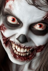 Wall Mural - A woman with red eyes and a bloody face. The woman is wearing a white shirt and has a mouth full of teeth. The image has a creepy and scary mood