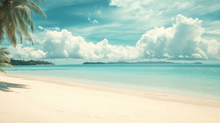 Wall Mural - Abstract background of blue skies and white clouds on tropical beach. Copy space of summer vacation and holiday business travel.