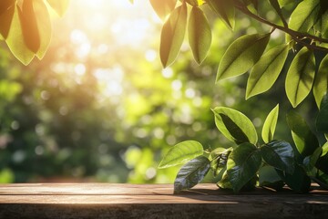 An empty wooden pedestal stands in an open forest with a blurry background of green plants. A natural placement pedestal displays organic products, spring and summer concepts.