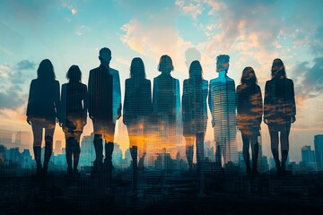 People standing in city skyline double exposure created with Generative AI