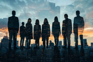 People standing in city skyline double exposure created with Generative AI