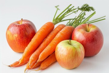 Canvas Print - Three apples and a bunch of carrots resting on a white background, promoting healthy eating and a balanced lifestyle