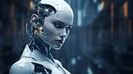 Cyborg female. Cyborg head. Cybernetic organism. Mechanical robot. Future technologies. Artificial intelligence. Artificial intelligence with neural networks.
