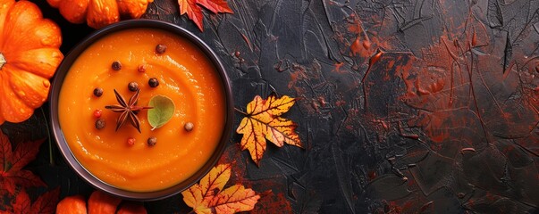 Canvas Print - pumpkin soup in a pumpkin top view.