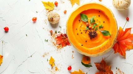 Canvas Print - pumpkin soup in a pumpkin top view.