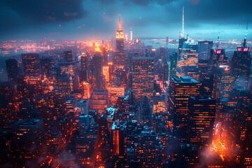 A stunning aerial view of a cityscape at night, with twinkling lights and illuminated skyscrapers, showcasing the vibrant beauty of urban environments.