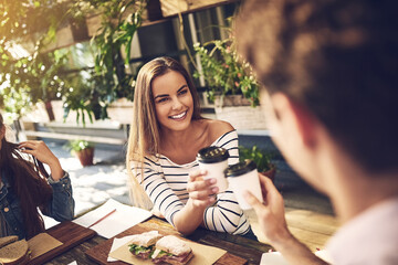 Poster - Toast, smile and couple with coffee, cafe and bonding of woman, man and relax in morning and lunch. Outdoor, cheers and people in date, breakfast and celebration for dating, food and happy with tea