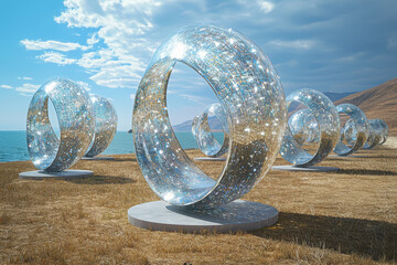 Poster - A large-scale installation of kinetic sculptures moving with the wind, illustrating the interaction between art and natural forces. Concept of kinetic art and outdoor installations.