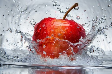 Red apple splashing into water, creating water droplets