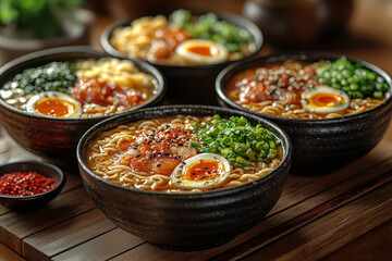 Wall Mural - A beautifully presented bowl of ramen with rich broth, noodles, and an assortment of toppings, showcasing the depth and complexity of Japanese noodle soups.