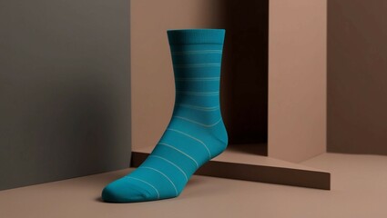 Single Blue Striped Sock on Minimalist Beige Background
