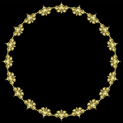 Wall Mural - Round frame with stylized flowers. Circular border with floral motifs. Folk style. Golden glossy silhouette on black background.