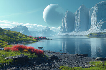 Wall Mural - an artist's impression of a habitable exoplanet with lush landscapes and oceans, reflecting the sear