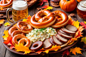 Foamy beer in mugs and large plate with Oktoberfest snacks, pretzels, sausages, sauerkraut. Festive atmosphere of annual celebration