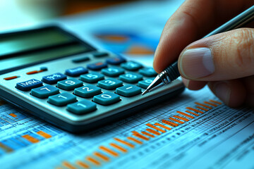 Poster - A person using a financial calculator and spreadsheets to prepare a budget, demonstrating financial planning and analysis in business. Concept of budgeting and financial management.