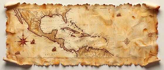 Vector illustration of a vintage map of the Caribbean Sea on worn parchment 