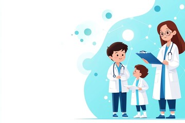 A doctor interacts with two children in a cheerful medical setting, promoting health and wellness through education and care.