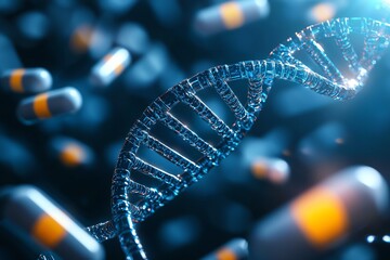 Illustration of DNA strands surrounded by colorful pharmaceutical capsules, representing genetics and modern medicine.