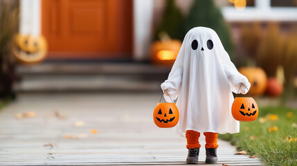 A chic Halloween porch at twilight, adorned with elegant pumpkins, glowing lanterns, and spooky minimalist decor. Friends in trendy costumes gather, enjoying the eerie, festive ambiance.