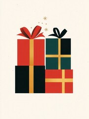 Aufkleber - Colorful geometric gift boxes with bows and ribbons are arranged neatly, showcasing a festive and minimalist holiday décor. Generative AI