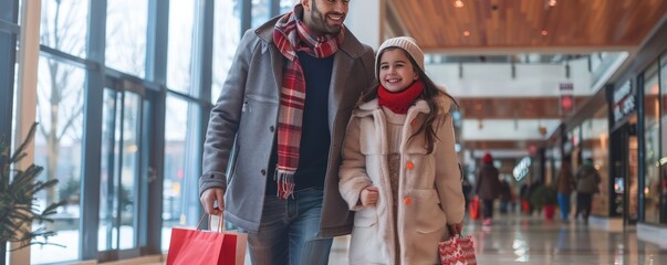 Father and daughter shopping, holding bags, matching winter fashion, walking through mall, upscale interior, smiling.