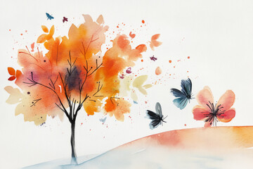 Wall Mural - Watercolor painting of a tree with bright orange leaves and butterflies flying around, set against a soft white background.