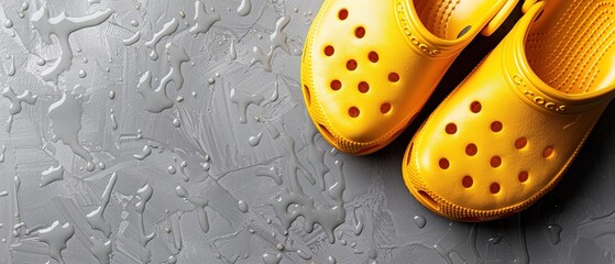 Bright yellow Crocs footwear positioned on a grey background 