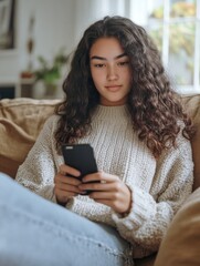 Poster - Modern Young Woman Engrossed in Smartphone