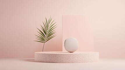 Wall Mural - Minimalist arrangement featuring a palm leaf, a smooth stone, and a soft pink backdrop.