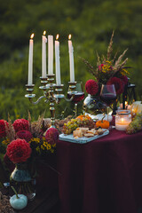 Fall mood, romantic date outdoors in the garden, candlelight dinner for a couple. Private wedding for two. Pumpkin countryside decor, red dahlia, cheese plate, grapes. Gourmet food, elegant setting