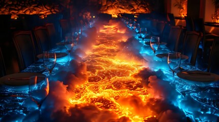 Wall Mural - A table with a blue and orange lava flow on it