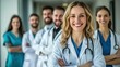 © Naknakhone - Happy people, portrait or doctor with team in confidence for healthcare, support or trust at hospital. Group of medical employees with smile for health advice.