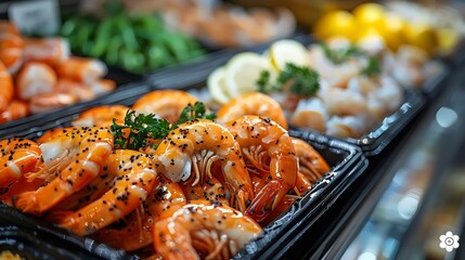 Canvas Print - A tray of shrimp is displayed in a seafood market