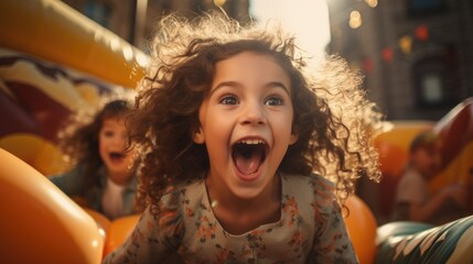 Youthful excitement - kids having fun on inflatable bounce house, highlighting school holiday entertainment, active lifestyle, sports, creating lively, engaging atmosphere for playful enjoyment