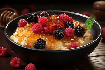 Sticker - A bowl of oatmeal topped with fresh berries and a drizzle of honey, appealing to young appetites. Concept of wholesome breakfast and energy. Generative Ai.