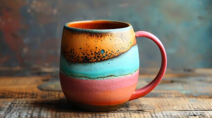 Wall Mural - A colorful mug with a blue stripe sits on a wooden table