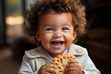 Sticker - A baby gnawing on a teething biscuit, relieved expression on their face. Concept of teething solutions and comfort. Generative Ai.