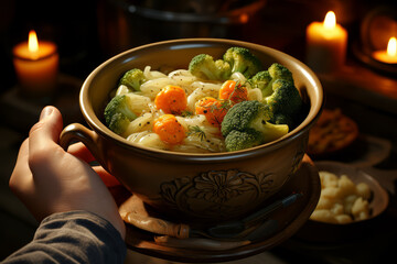 Poster - A cup of homemade vegetable soup, perfect for little hands to hold. Concept of warm meals and comfort. Generative Ai.