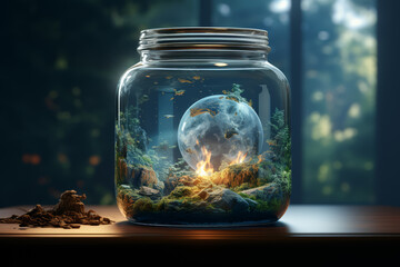 Poster - Earth encased in a glass jar filled with smoke. Concept of air pollution and containment. Generative Ai.