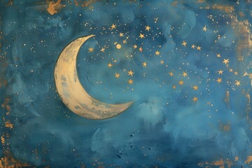 Wall Mural - A painting of a crescent moon with stars in the sky, generative ai image